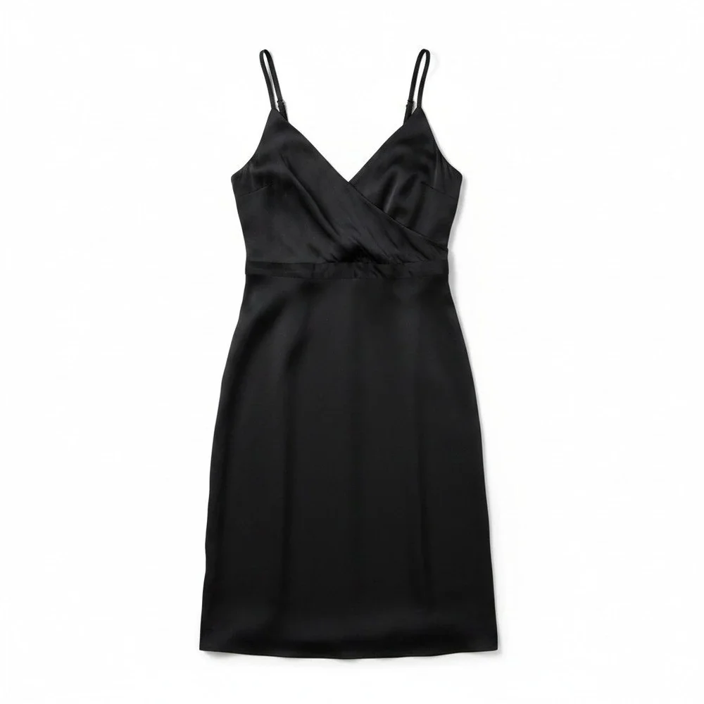 Banana Republic LBD Black 100% Silk Surplice V-Neck Midi Dress Womens Size 12 - Picture 1 of 6